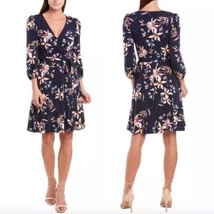 NEW Eliza J Navy Floral Faux Wrap Dress 3/4 Sleeve
